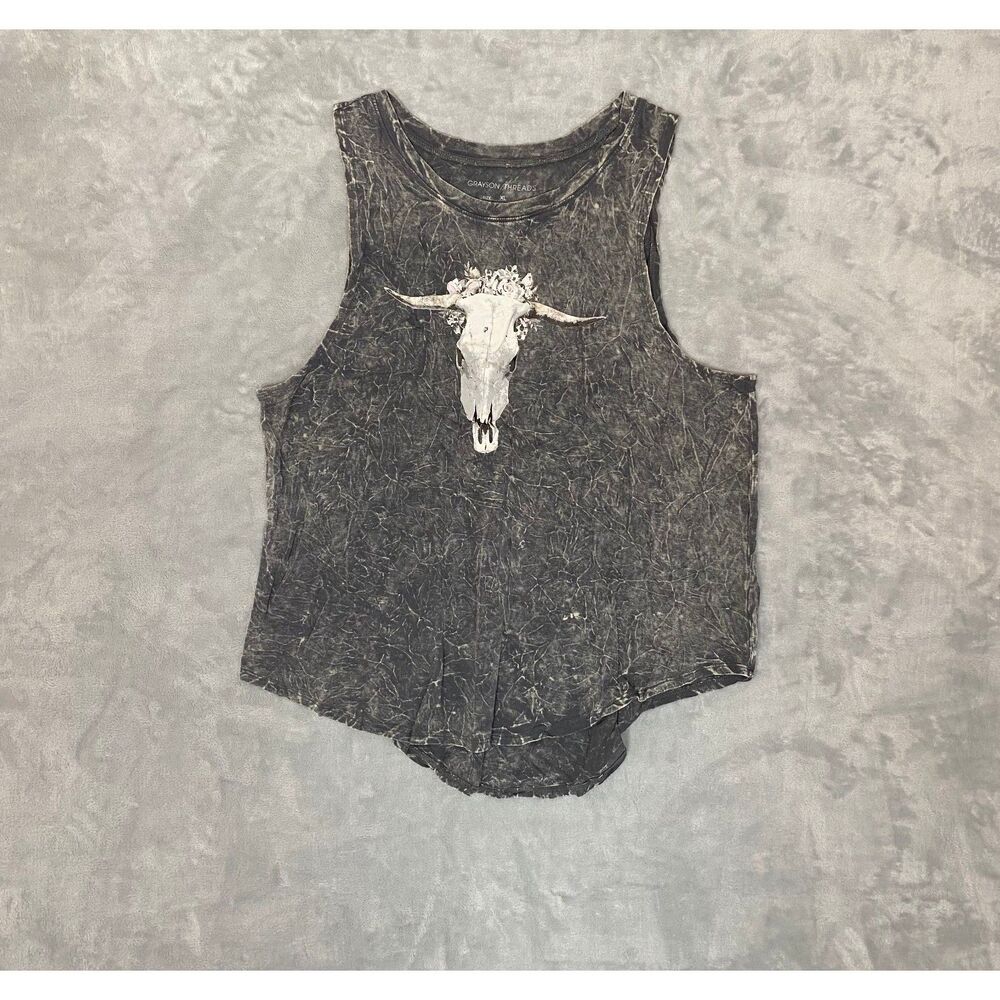 Grayson Threads Women's Sleeveless Top Gray Tank Graphic Floral Cow Skull Sz XL